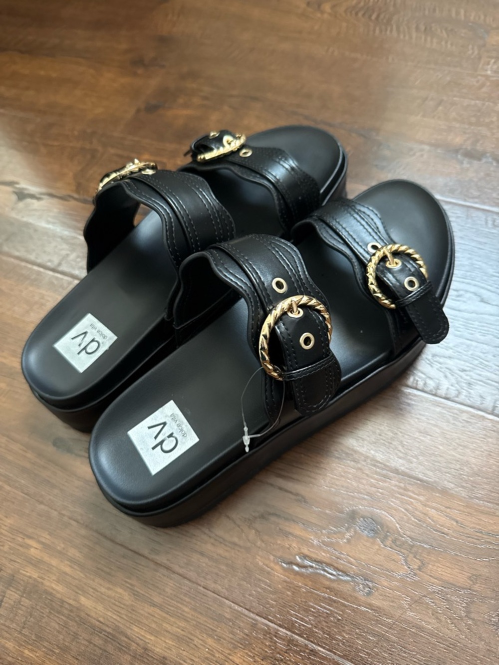 dv Black Platform Buckle Slide Sandals with Gold Hardware